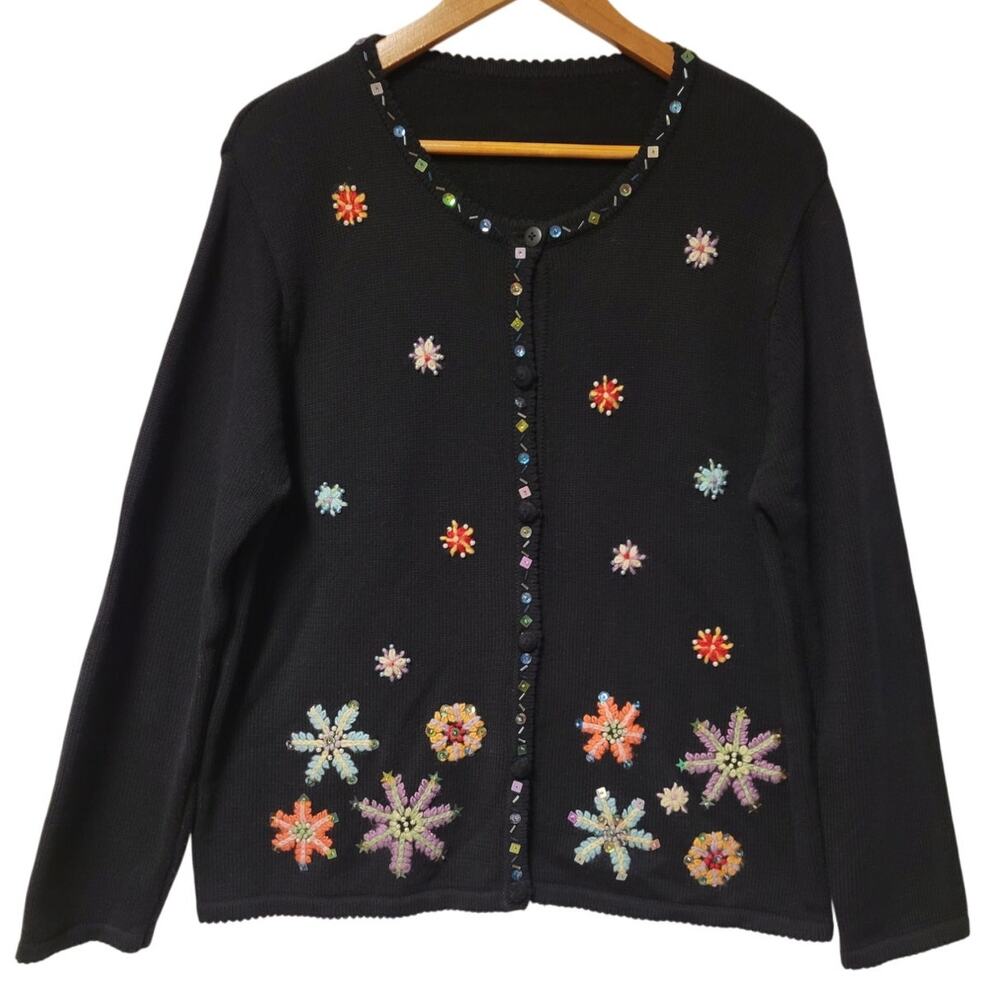Black Cardigan Multicolor Embroidered Snowflakes Beaded & Sequined Neckline- L